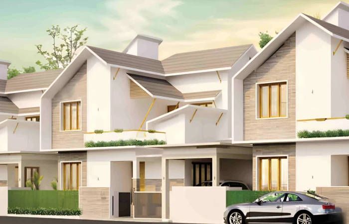 Villa in Perinthalmanna with modern row house design, private parking, balcony, and landscaped frontage