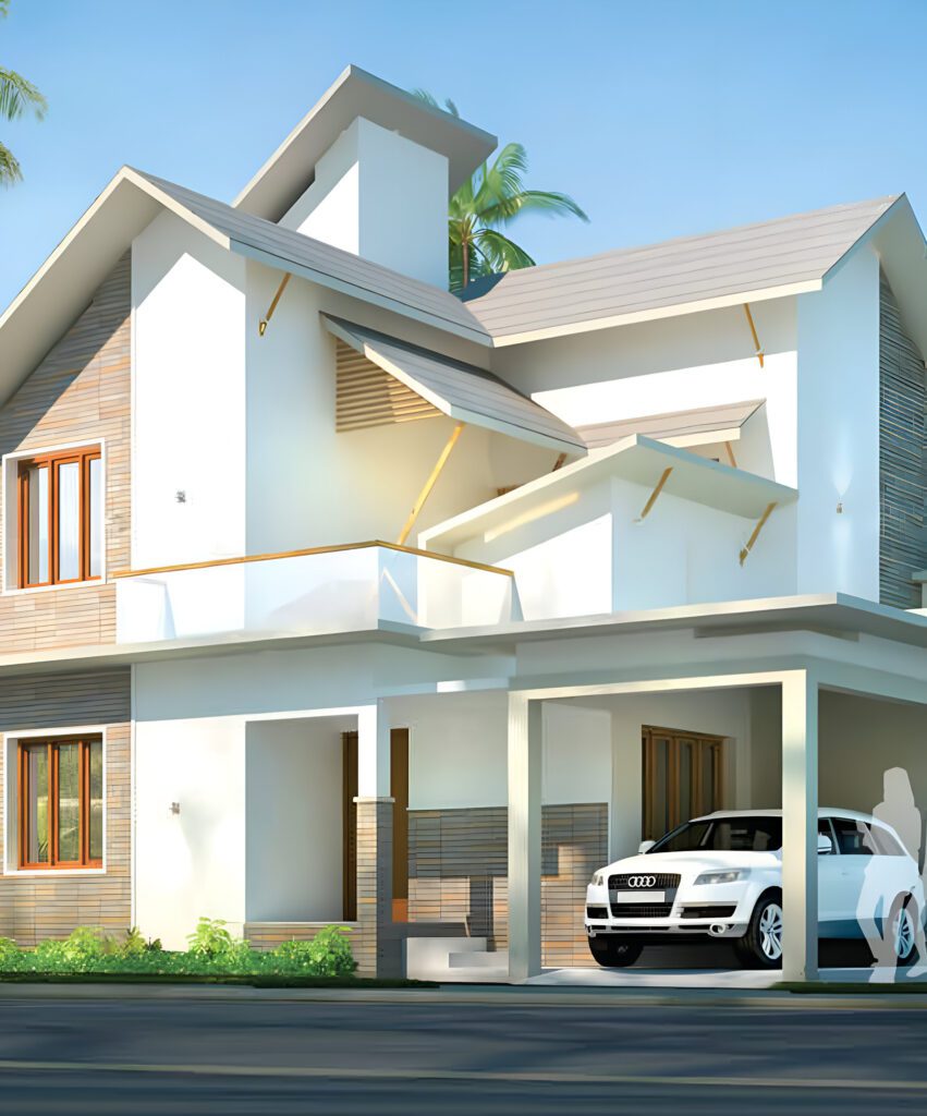 Perinthalmanna villas with modern architecture, balcony, covered parking, and landscaped surroundings