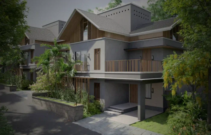 Villas in Perinthalmanna with modern architecture, spacious balcony, greenery, and private parking
