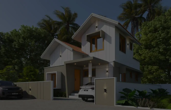 Modern villas in Malappuram with contemporary design, private gate, covered parking, and lush green surroundings