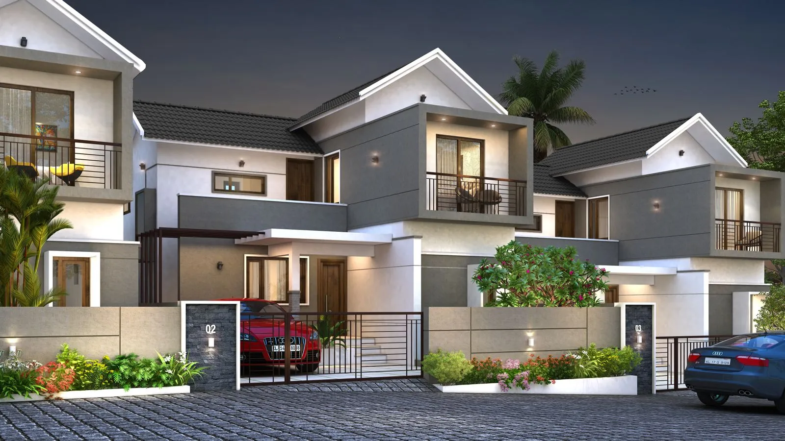 Modern villas in Perinthalmanna with gated entrance, balcony design, landscaped garden, and private parking