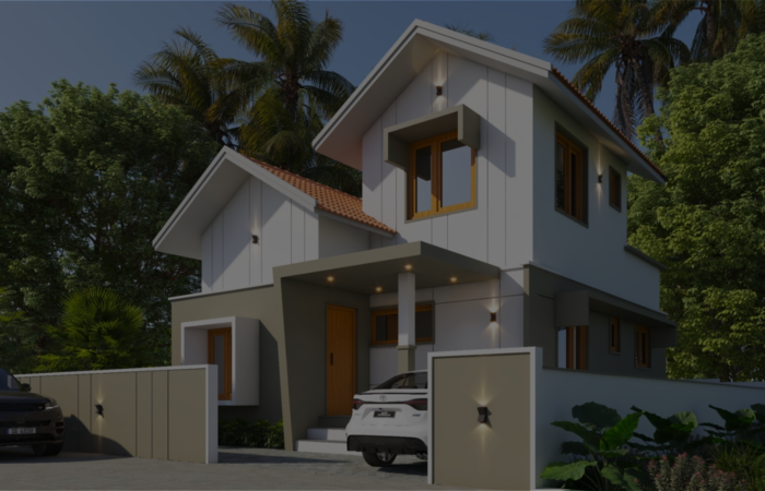 Modern two-story villa with a contemporary design, covered car porch, elegant exterior lighting, and lush tropical landscaping in a serene residential setting.