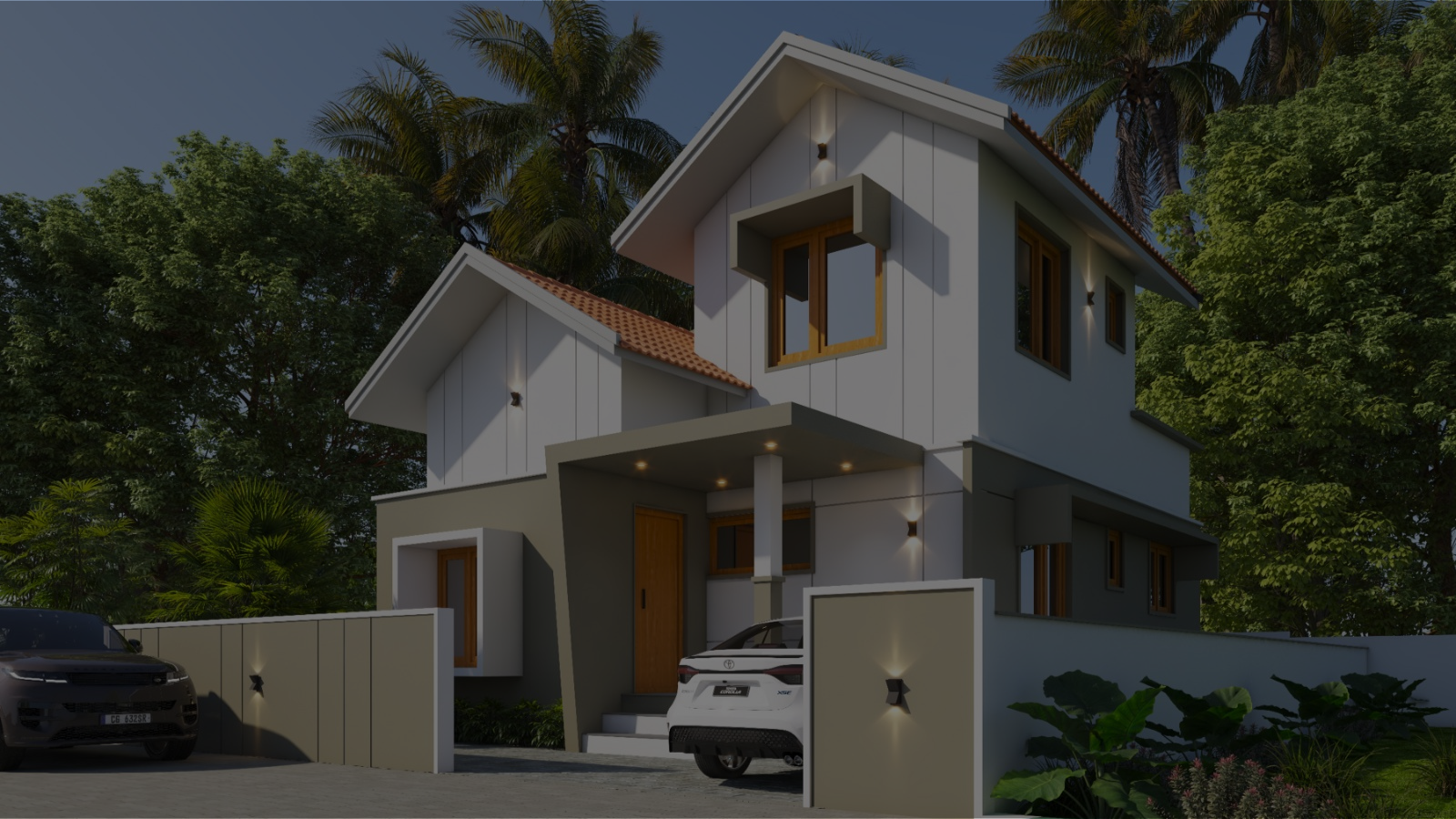 Modern two-story villa with a contemporary design, covered car porch, elegant exterior lighting, and lush tropical landscaping in a serene residential setting.